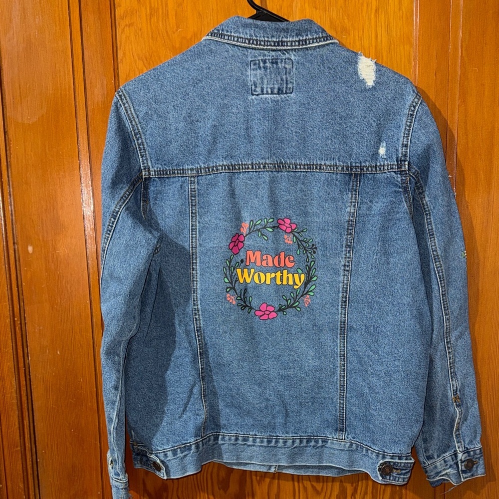 Wax Jean Blue Denim Jacket with Floral Embroidery